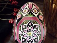 Pink Octagons Ukrainian Easter Egg Pysanky by So Jeo : pysanky pysanka ukrainian easter egg batik art sojeo florals flowers birds stars trees vines blooms buds bluebird owl art sojeo "so jeo" eggshell egg shell blown decoration ivy garden rainbow rosie posy nightshad victorian trees etched brown chicken eggs turkey